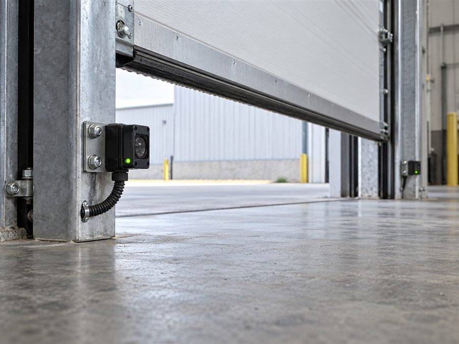 Commercial door photo-eye safety sensor mounted on the track post